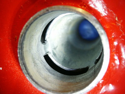 View into valve installed in the tank.  Note the edges are rounded.  After install, the inside got more sanding for a smooth surface for the o rings.