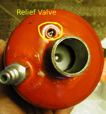 Propane Relief Valve on a disposable bottle.  It was retained into the design of the Marshmallow Cannon.  The spring was trimmed to a lower pressure for use on the modified tank.