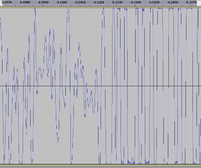 Expansion of the waveform around the impact.  Not the few peakes clipped in the waveform to the left of center and the sudden increase of clipped peaks to the right.  This increase in volume is from the impact.