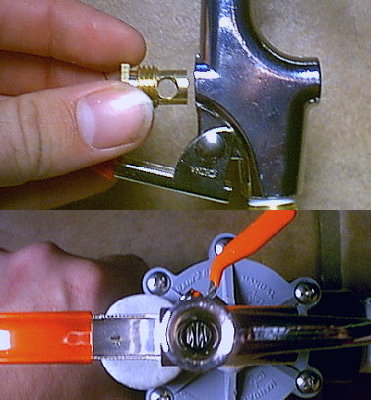 The top picture is the valve assembly removed with the enlarged holes. The bottom picture is the enlarged outlet port. You can see the female threads for the valve assembly at the bottom of the hole. Care should be taken not to drill down too far into the bottom valve assembly area.