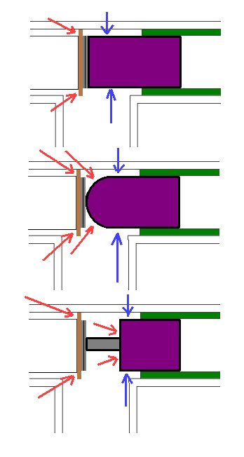 With a flat faced piston, and the seal directly on the face, the only backward pressure is on the outer lips of the seal. The blue arrows are the same pressure, but it is equalized around the piston body. Not pushing backward. (Otherwise poppet valves wouldn't work.)<br /><br />With a rounded face, there is more area for the chamber pressure to push -backwards- on. (red arrows, of course.)<br /><br />With a flat face, but extending the seal forward on a rod/bolt, you get even better 'face' for the chamber pressure to push -backwards- on.