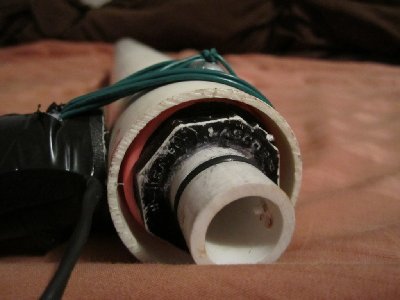 This sort of shows how the barrel is attached. The 1/2&amp;quot; pipe is glued into a 1x1/2&amp;quot; bushing/coupling which was wrapped with masking and PTFE tape and bolted into the back of the barrel. This assembly is airtight. In fact, the whole gun is remarkably airtight without the addition of the 1/8&amp;quot; electrode hole in the back.