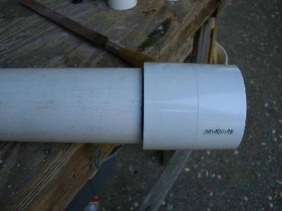 Step Three<br /> using the same process as before glue the coupling onto the other end of the 3 inch pipe<br />(careful not to get amy glue in the other side of the coupling)