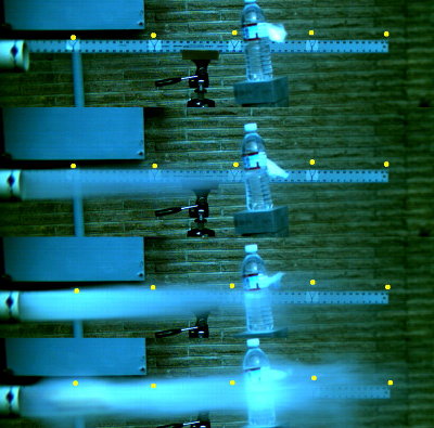 Sequence from high speed video. Frames are 1,000/sec. I highlighted the one foot marks.  Is it moving faster than Mach 1?  In the bottom frame, the lump is a broken apple.