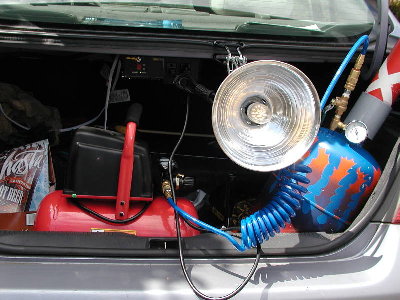 Field power setup.  Inverter, compressor, air cannon, light.