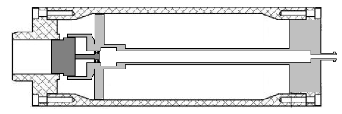 The o-ring on the small end of the piston should be floating in order to allow air to enter the pilot and not flow out once the pressure source is disconnected.  Simple radial supports at the piston end of the tube should be enough to prevent whiplash without disturbing flow significantly.