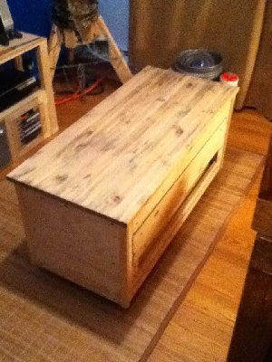 This is a coffee table/workbench that I built. It has caster wheels underneath it so that it can easily be moved around the room.