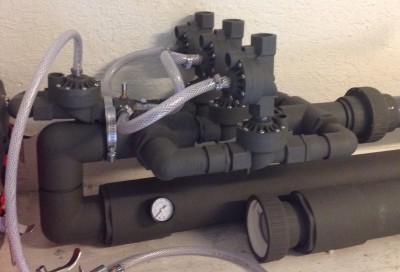 Three 1&quot; Orbits sprinkler valves, piloted by three 3/4&quot; Orbits, piloted by a single 3/4&quot; valve.