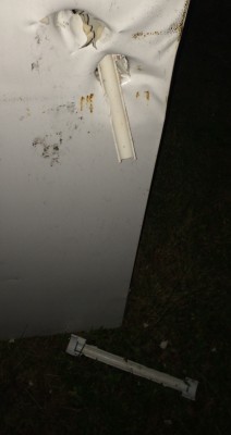 300 psi fridge damage, lower hole from just the pvc sabot on the failed dart launch, upper hole from trailer ball(went through other side as well).