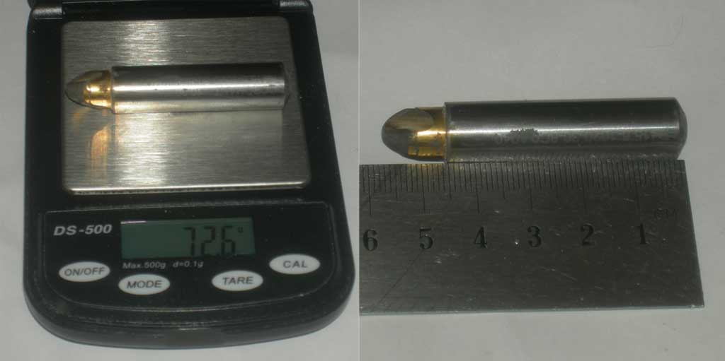 Second projectile made out of a broken solid-carbide drill. Weight 72.6g<br />Its 12.00mm and the ID of the barrel is 12.04mm.
